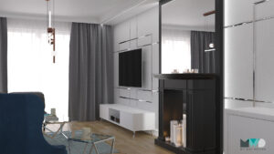 My Way Design - Architekt Wnętrz - Projektowanie Mieszkań - Projekt salonu czarny kominek